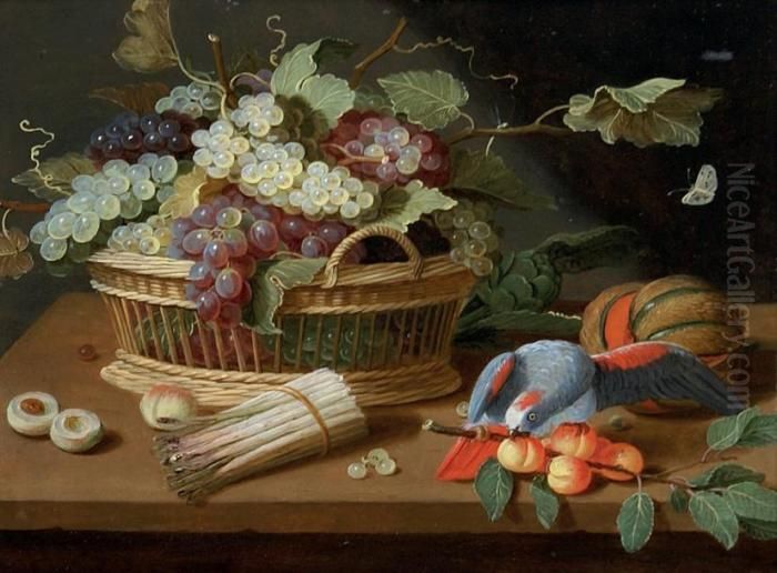 Corbeille De Raisins, Perroquets Et Branches D'abricots Sur Un Entablement Oil Painting by Jan van Kessel