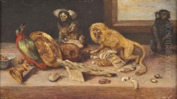 Drei Chaos Verbreitende Affen Und Ein Vogel Auf Einem Tisch Oil Painting by Jan van Kessel