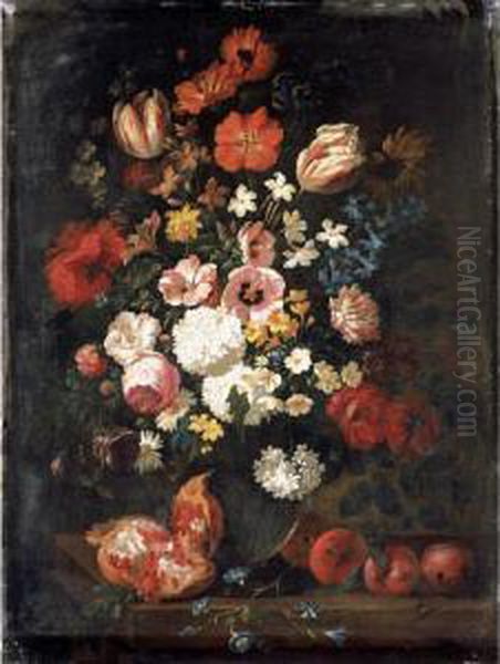 A Still Life Of Flowers In A Vase With A Pomegranate And Plums Oil Painting by Philip Van Kouwenbergh