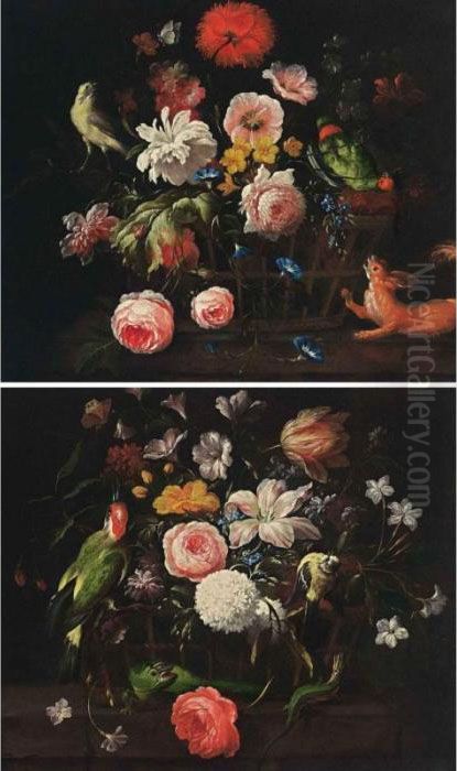 A Still Life With A Rose, A Snowball, Tulips, Marigolds, Forget-me-nots And A Poppy Anemone In A Basket, Together With A Butterfly, A Green Woodpecker And A Great Tit All On A Wooden Table With Two Green Lizards Oil Painting by Philip Van Kouwenbergh