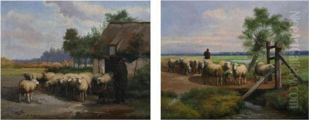 Schapenhoeder Voor Hoeve Oil Painting by Jef Louis Van Leemputten