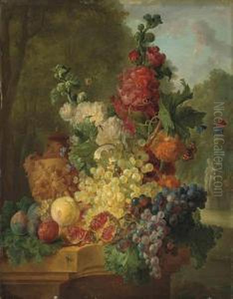 Pomegranates, Grapes, Figs, Flowers And A Sculpted Urn, On A Stoneledge, In A Garden Oil Painting by Gerrit Van Leeuwen