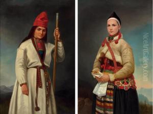 Dalecarlian Wedding Portraits Oil Painting by Joseph Henri Francois Van Lerius