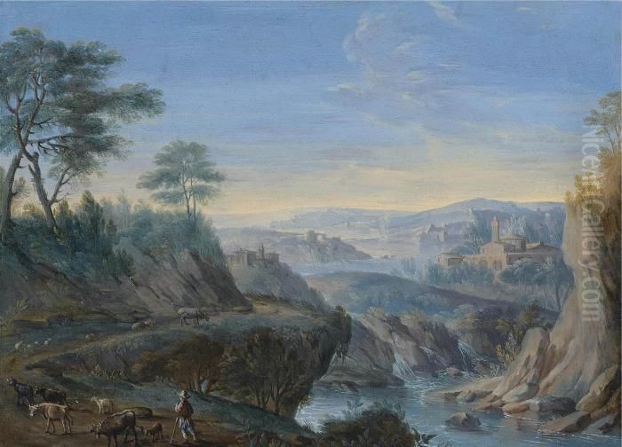 A Mountainous Wooded River Landscape Oil Painting by Hendrik Frans van Lint (Studio Lo)