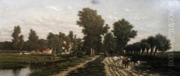 The Edge Of The Village - CattleIn A Land Oil Painting by Johan Nicolaas Van Lokhorst