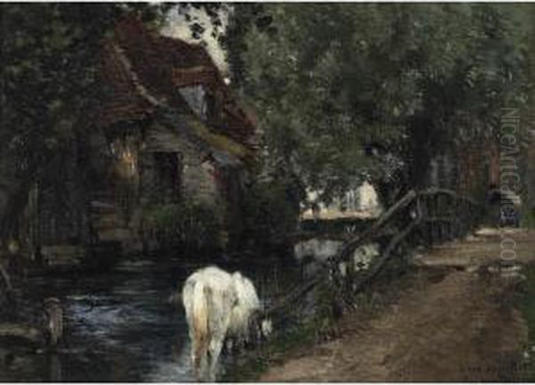 White Horse Drinking At A Mill Pond Oil Painting by Emile Van Marcke De Lumman