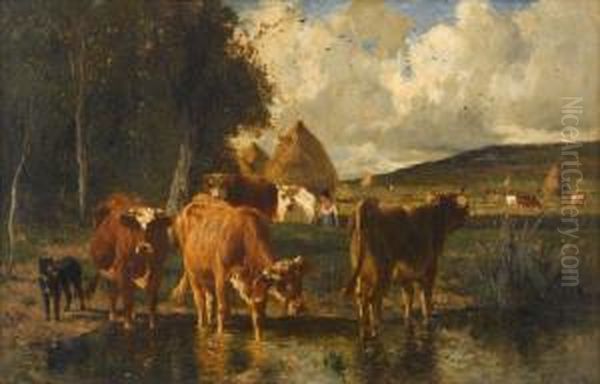 Cattle Watering Oil Painting by Emile Van Marcke De Lumman