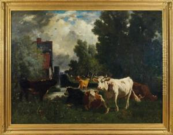 Troupeau Pres Du Moulin Oil Painting by Emile Van Marcke De Lumman