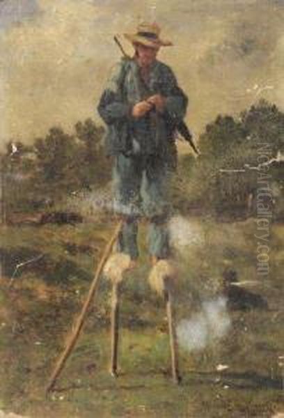 Le Bergersur Les Echasses Oil Painting by Emile Van Marcke De Lumman