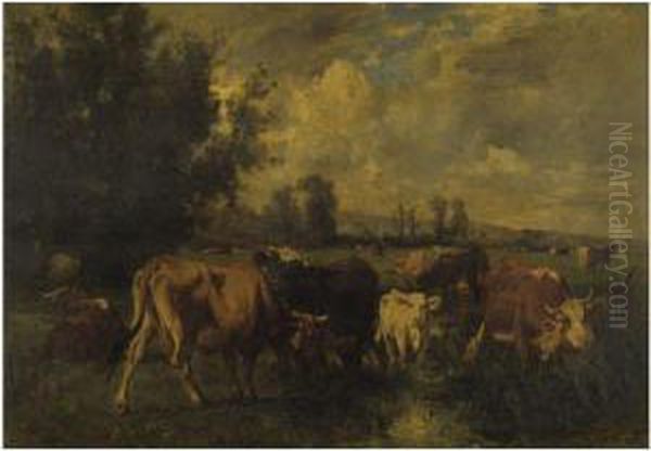 Cattle In A Field Oil Painting by Emile Van Marcke De Lumman