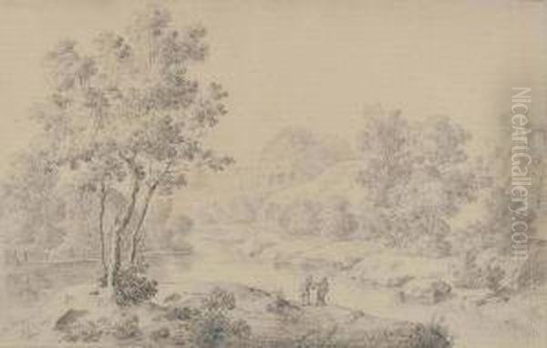 A Wooded Landscape With Two Travellers On A River Bank Oil Painting by Willem Van Mieris Leiden