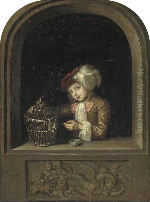 A Young Boy With A Birdcage At A Casement Oil Painting by Willem Van Mieris Leiden
