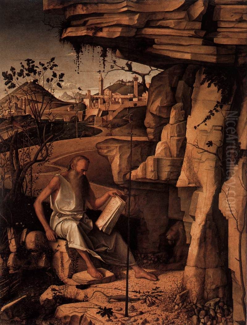 St Jerome Reading in the Countryside Oil Painting by Giovanni Bellini