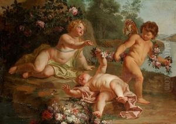 Putti Desporting With Garlands Of Flowers In A River Landscape Oil Painting by Dionys Van Nijmegen