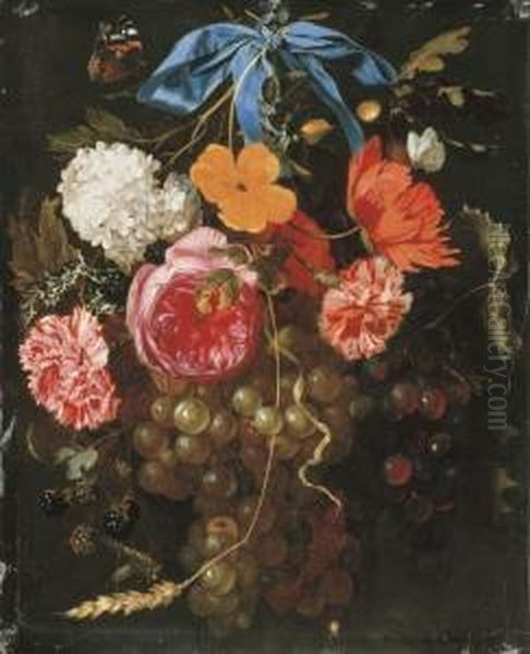 A Poppy, A Snowball, Pink And Yellow Roses, Carnations, Grapes,blackberries, An Ear Of Wheat And Sprigs Oil Painting by Maria van Oosterwyck
