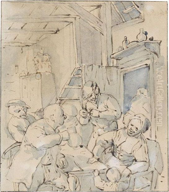 Vier Bauern Im Gasthaus Plaudern Mit Der Wirtin Oil Painting by Adriaen Jansz. Van Ostade