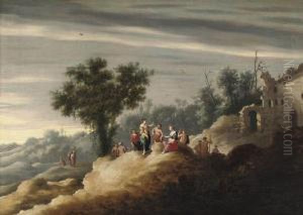 An Italianate Landscape With Figures Conversing Near A Ruin Oil Painting by Cornelis Van Poelenburch