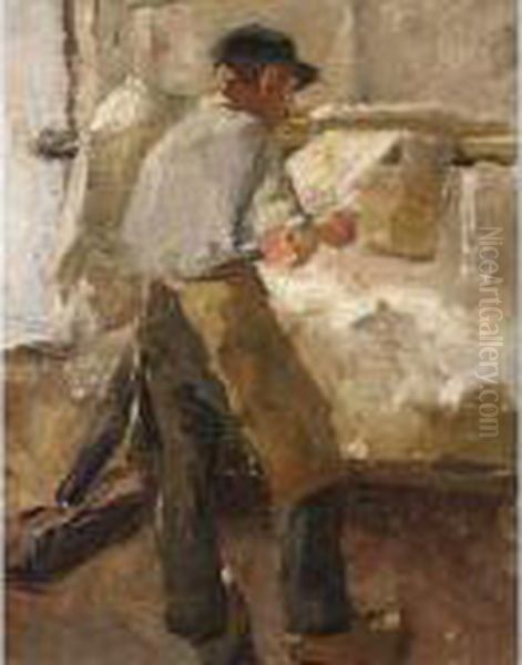 Young Workman At A Stretching Frame Oil Painting by Alexander Gerhard Anton Ridder Van Rappard