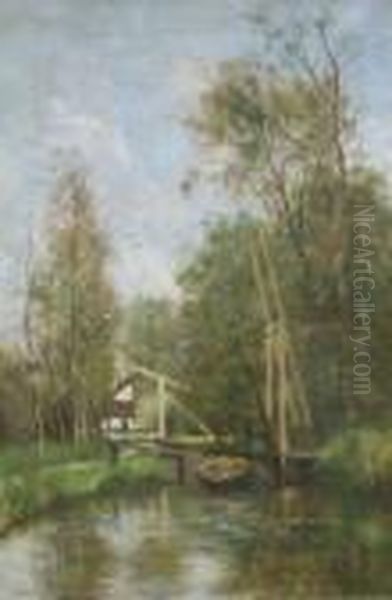 Hollandische Landschaft Mit Kleinem Fluss Und Kahn Oil Painting by Jan Van Rhijnen