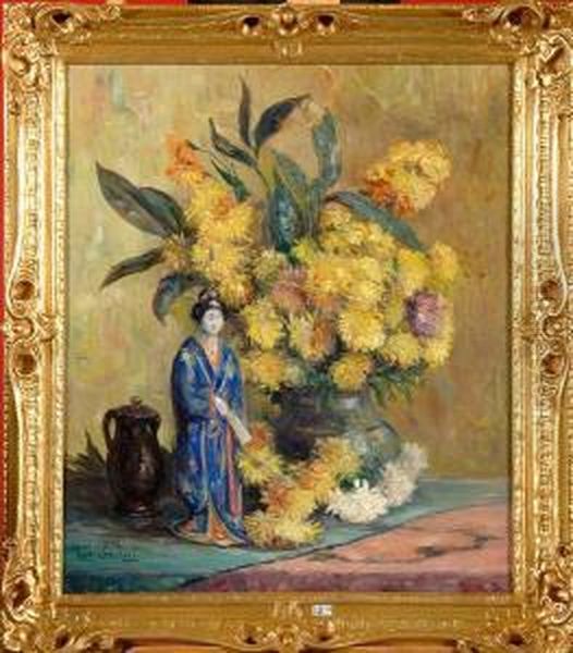 Nature Morte Aux Fleurs Et A La Statuette Chinoise Oil Painting by Willy Van Riet