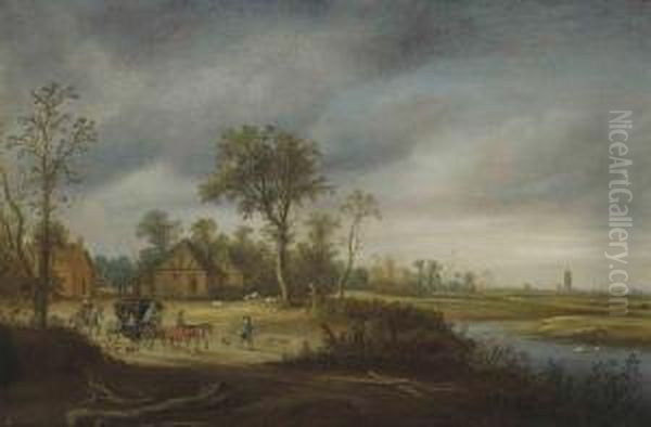 A River Landscape With Travellers On A Track, A Town Beyond Oil Painting by Salomon van Ruysdael