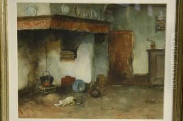 Melkdrinkend Katje In De Boerendeel Oil Painting by Johanna Bastiana Van Ryswyck