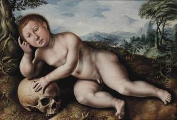 A Young Boy Contemplating On A Skull In A Landscape Oil Painting by Jan Van Scorel