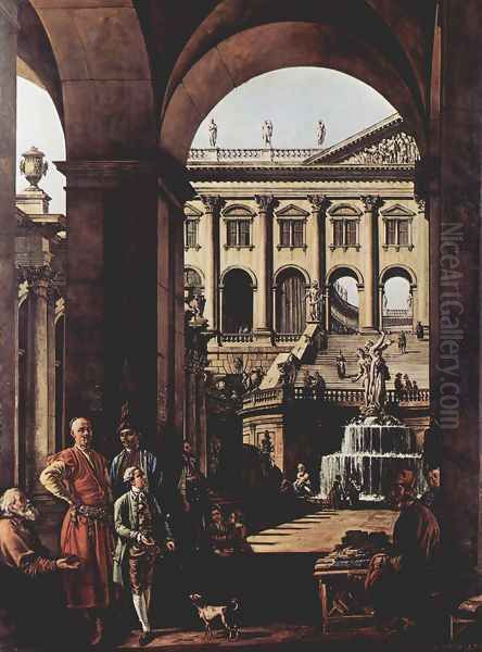 Capriccio, castle gate, loggia and big Fontaine in Vojoda Potocki Oil Painting by Bernardo Bellotto