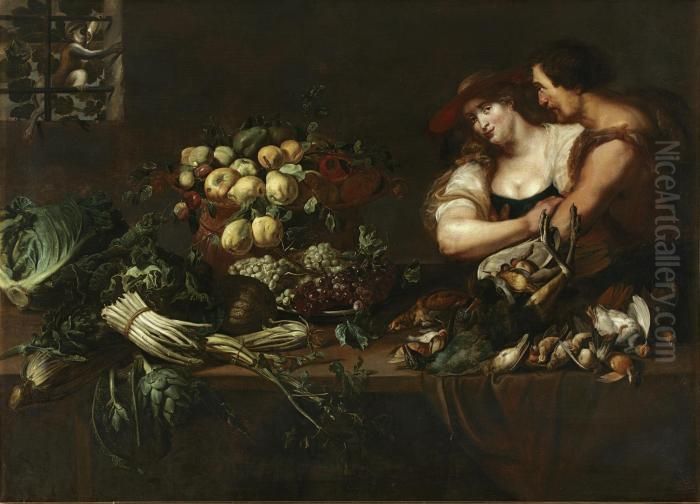 A Kitchen Still Life With Figures Oil Painting by Adriaen van Utrecht