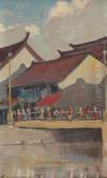 Indonesisch Stadsgezicht Metfiguren Op Een Brug Oil Painting by Henry Van Velthuysen