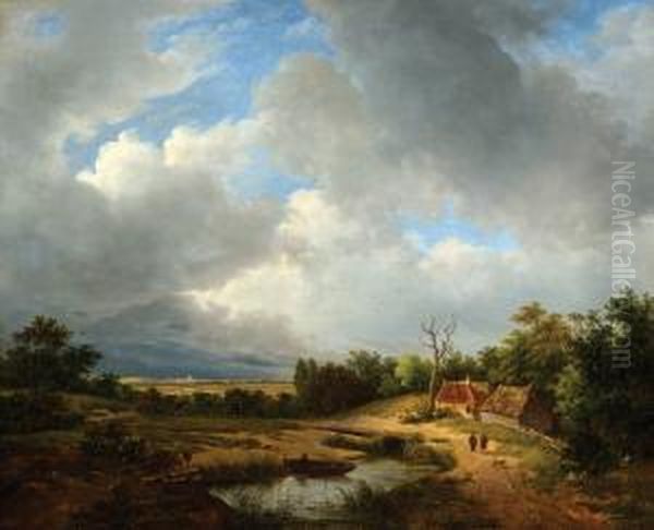 Figures In Summer Landscape Oil Painting by Johannes Petrus van Velzen