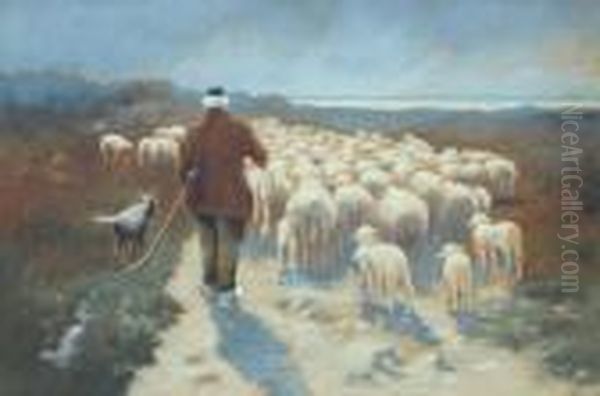 Elderly Shepherd With His Flock Heading Home Oil Painting by Francis William Van Vreeland