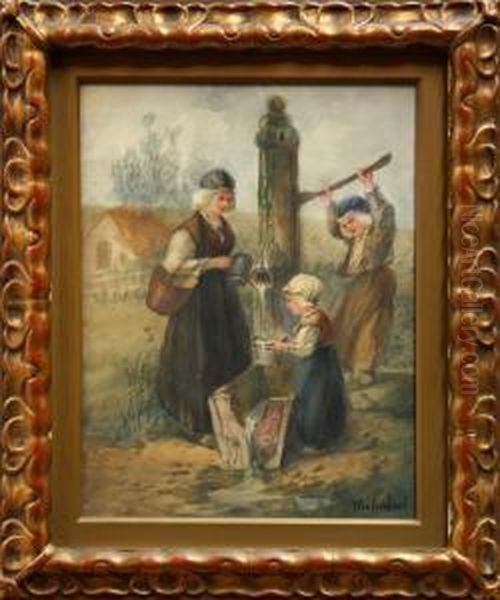 Figures At A Water Pump Oil Painting by Francis William Van Vreeland