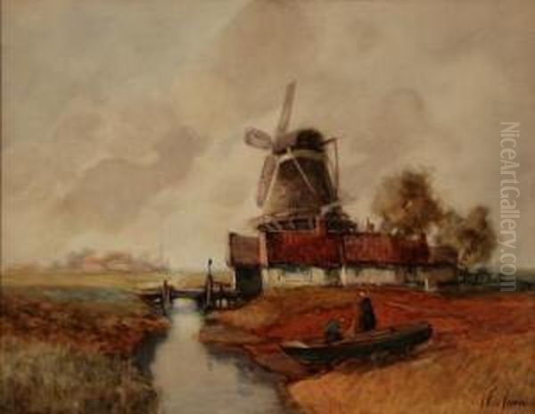 Dutch Estuary With Windmill Oil Painting by Francis William Van Vreeland