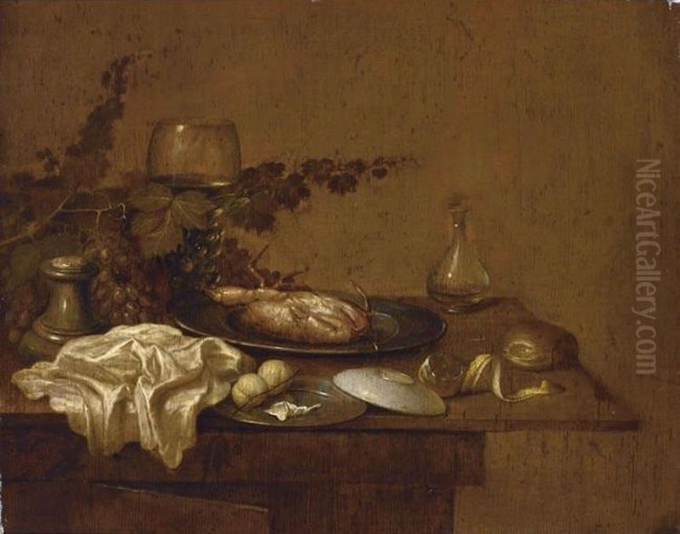 A Still Life With A Crab On A Pewter Plate, A Roemer, A Salt Cellar, A White Cloth, Peaches, A Peeled Lemon, A Bun And Grapes, All On A Wooden Table Oil Painting by Gerrit Van Vucht