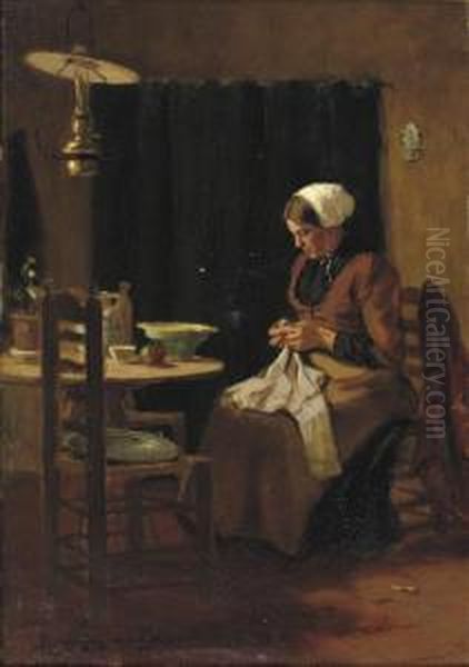 A Household Chore Oil Painting by Theodorus Van Wyngaarden