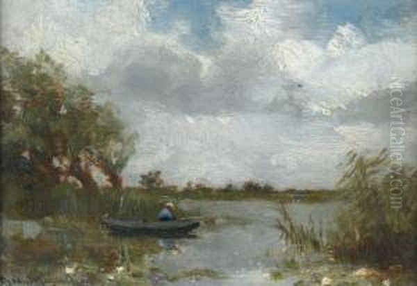 Polderlandschap Met Visser In Eenbootje Oil Painting by Theodorus Van Wyngaarden