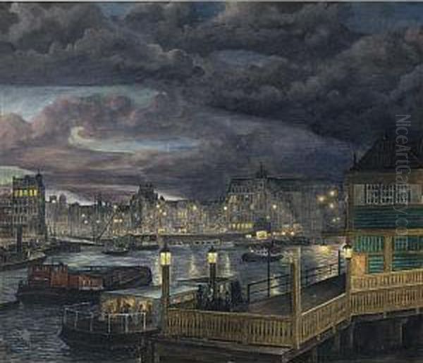 A View Of The Damrak, Amsterdam By Night Oil Painting by Gerrit Willem Van Yperen