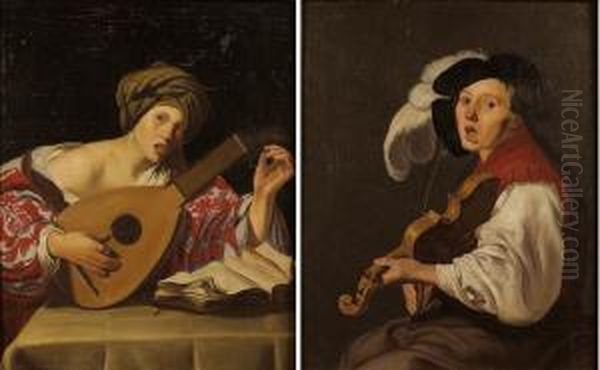 Le Joueur De Violon La Joueuse De Luth Oil Painting by Gerard Pietersz. Van Zijl