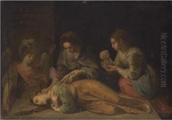 Saint Cecilia, Tended By Her Guardian Angel, Recovering From ThreeBlows Of A Sword Oil Painting by Raffaello Vanni