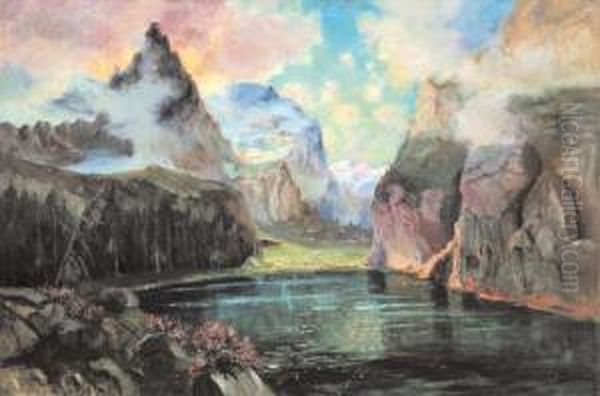 Vallata Alpina Con Lago Oil Painting by Giacomo Varese