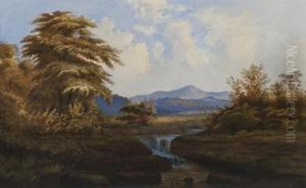 Wooded Landscape With Distant Mountains Oil Painting by Cornelius Varley