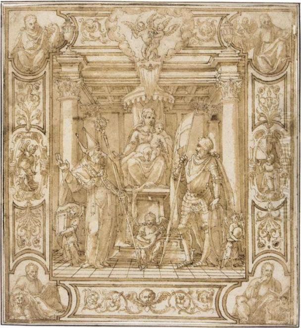 Design For A Banner: The Madonna And Child Enthroned, Flanked By Two Saints, St.george On The Right, The Four Evangelists At The Corners, Part Of A Decorative Border Oil Painting by Antonio da Vassilacchi
