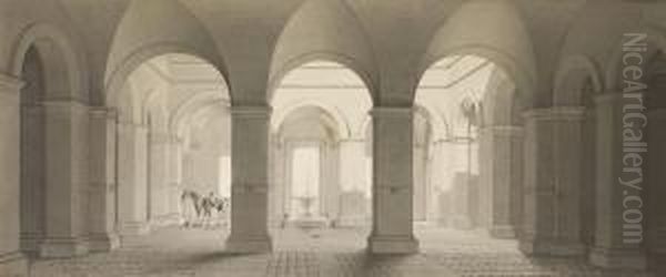 A Courtyard With A Man Grooming A Horse Oil Painting by Jean Lubin Vauzelle