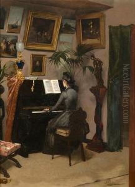 Interno Con Donna Al Pianoforte Oil Painting by Eugene Vavasseur