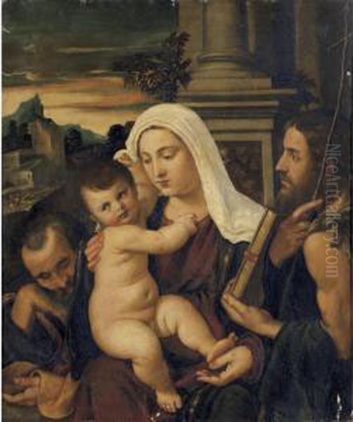 Madonna And Child With Saints Joseph And John The Baptist Oil Painting by Francesco Vecellio