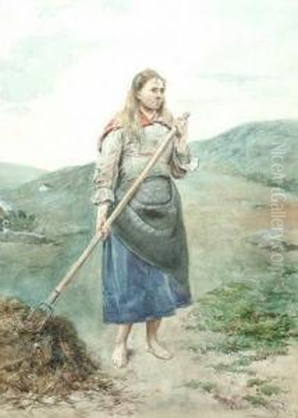 1868- Peasant In A Moorland Landscape Oil Painting by Pedro Vega Y Munoz
