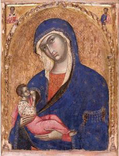 Virgin And Child, With Saints Nicolas And Peter In The Upper Corners Oil Painting by Paolo Veneziano