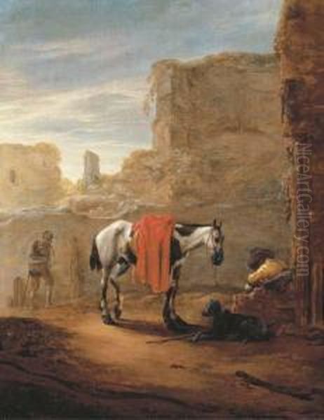 A Horse And Traveller Resting On A Road With Ruins Beyond Oil Painting by Pieter Cornelisz. Verbeeck
