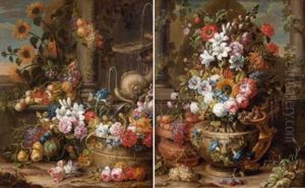 Fontaine Au Dauphin Decoree De Fleurs Et De Fruits Fleurs Et Fruits Dans Des Vases Sculptes Oil Painting by Gaspar-pieter The Younger Verbruggen